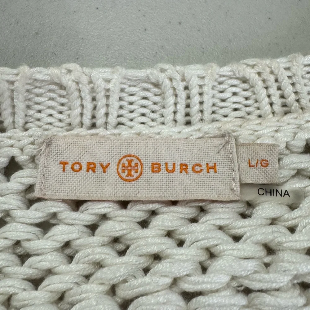 Tory Burch Women Cotton Open Knit‎ Wool Grid Pattern Longline Sweater Size Large